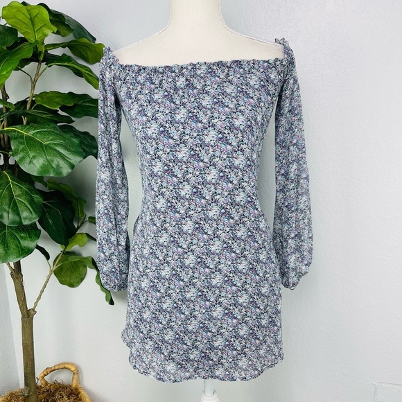 For Love & Lemons Purple Floral Long Sleeve Off Shoulder Pocket Tunic Mini Dress - Picture 1 of 8